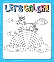 Worksheets template with color time text and Unicorn outline vector