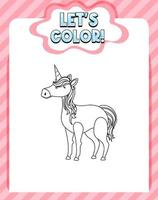 Worksheets template with color time text and Unicorn outline vector