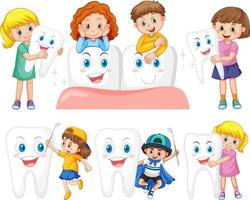 un grupo de niños felices sosteniendo un diente grande y un espejo dental con fondo blanco vector