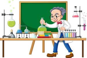 Scientist cartoon character with science lab objects vector