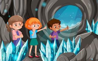 Crystal cave scene with explorer kids vector