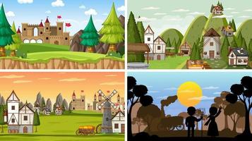 Set of different scene medieval with silhouette vector