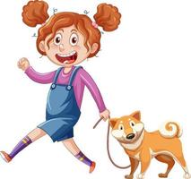 Teenager girl walking with pet  cartoon character on white backgrouns