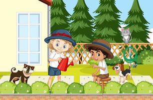 Scene of backyard with kids and fence vector