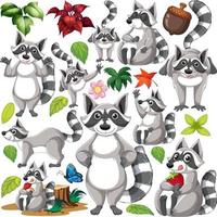 Cute raccoons doing different things vector