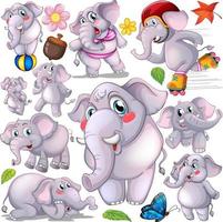 Gray elephant doing different actions vector