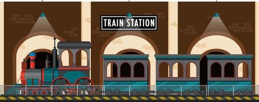 escena de la estación de tren con locomotora de vapor vector