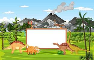 Scene with dinosaurs and whiteboard in the forest vector