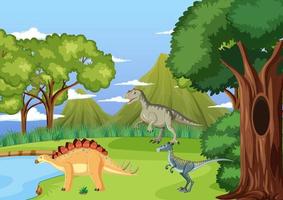 dinosaurio en la escena del bosque prehistórico vector