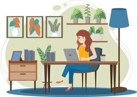 A woman working using laptop flat design vector