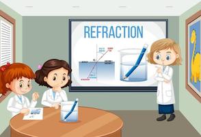 experimento científico de refracción con lápiz en vaso de agua vector