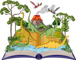 libro con escena de braquiosaurio junto al río vector