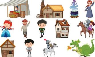 Medieval characters buildings set vector