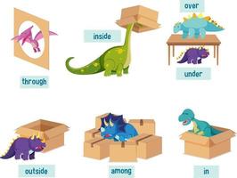 Preposition set with dinosaurs and boxes vector