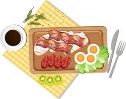 Top view of breakfast on wooden tray vector