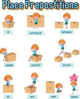 Prepostion wordcard design with girl and box vector