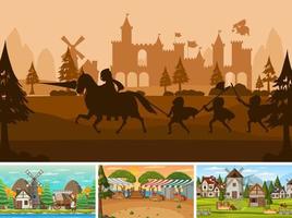 Set of different scene medieval with silhouette vector