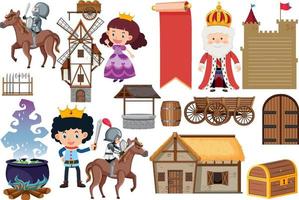 Medieval characters buildings set vector