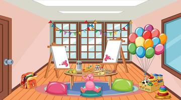 Empty kindergarten classroom interior with many kid toys vector