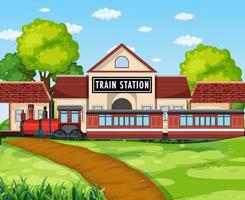 Train station scene with steam locomotive vector