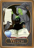 vieja plantilla de tarjeta de juego de personaje de bruja verde vector