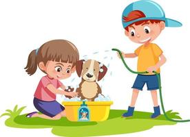 Cute dog take a bath with kids on white background vector