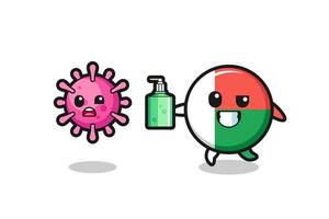 illustration of madagascar flag character chasing evil virus with hand sanitizer vector