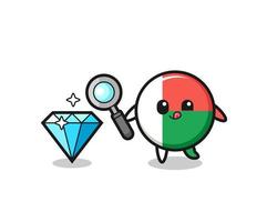 madagascar flag mascot is checking the authenticity of a diamond vector