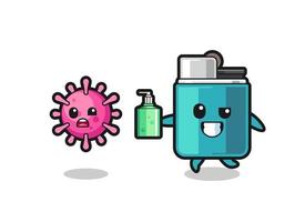 ilustración de un personaje más ligero persiguiendo virus malvados con desinfectante de manos vector