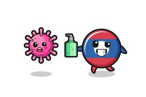 illustration of laos flag character chasing evil virus with hand sanitizer vector