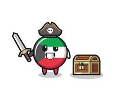 the kuwait flag pirate character holding sword beside a treasure box vector