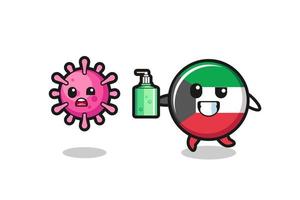 ilustración del personaje de la bandera de kuwait persiguiendo el virus malvado con desinfectante de manos vector