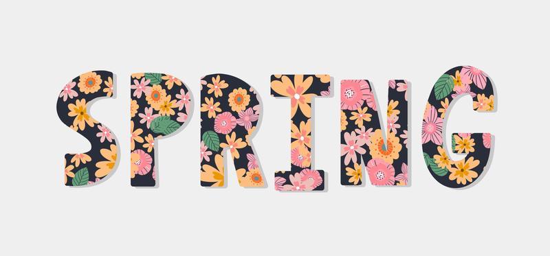 Hello Spring hand logotype, badge typography icon. Lettering spring season with leaf for greeting card, invitation template. Retro, vintage lettering banner poster template background, Sale, offer