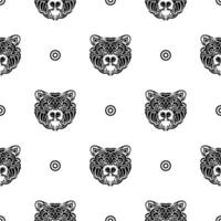 Black-white seamless pattern with bear face. Good for garments, textiles, backgrounds and prints. Vector