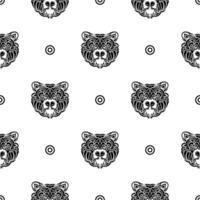 Black-white seamless pattern with bear face. Good for garments, textiles, backgrounds and prints. Vector