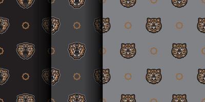 Set of Seamless pattern with tiger face in colored Polynesian style. Good for clothing and textiles. Vector illustration.