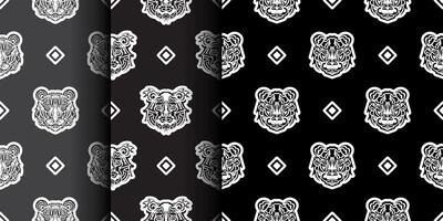 Set of Seamless pattern tiger face in samoa style. Boho tiger face. Good for backgrounds, prints, apparel and textiles. Vector
