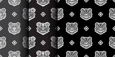 conjunto de cara de tigre de patrones sin fisuras en estilo samoa. cara de tigre boho. bueno para fondos, estampados, prendas de vestir y textiles. vector