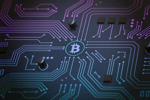 Bitcoin on circuit electronic board. Digital circuit blockchain network concept