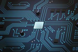 Chip on circuit board surroounded by capacitors and mosfets. Technology digital concept photo