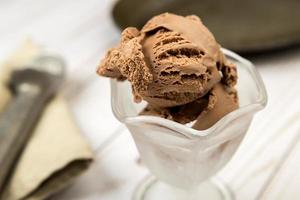 Chocolate ice cream in a glass dish.