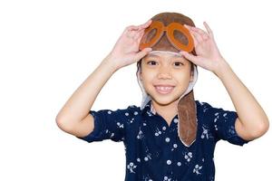 Kid pilot aviator with clipping path on white background, Child playing and dream careers concept photo