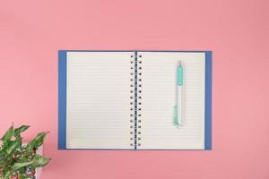 Top view with copy space of book and pen overhead on pink pastel background, Flat lay concept
