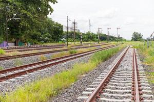 railroad tracks with rust on rock background photo