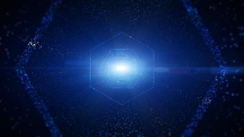 Hexagon digital tunnel of cyberspace with particles and lighting, Technology network connections abstract background concept. photo