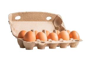 Organic fresh egg in cardboard container pack isolated on white background with clipping path. photo