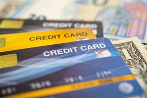 Credit card on EU banknotes. Finance development, Banking Account, Statistics, Investment Analytic research data economy, Stock exchange trading, Business company concept. photo