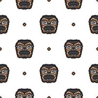 Seamless pattern with the face of the Polynesian tribesmen. Good for prints, backgrounds, postcards, wrapping paper, and textiles. Vector