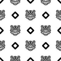 Tiger face seamless pattern in samoan style. Boho tiger face. Good for backgrounds, prints, apparel and textiles. Vector illustration.