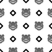 Tiger face seamless pattern in samoan style. Boho tiger face. Good for backgrounds, prints, apparel and textiles. Vector illustration.